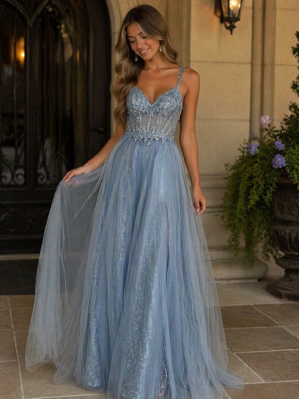 Cinderella Light Blue Beaded Tulle Prom Gown